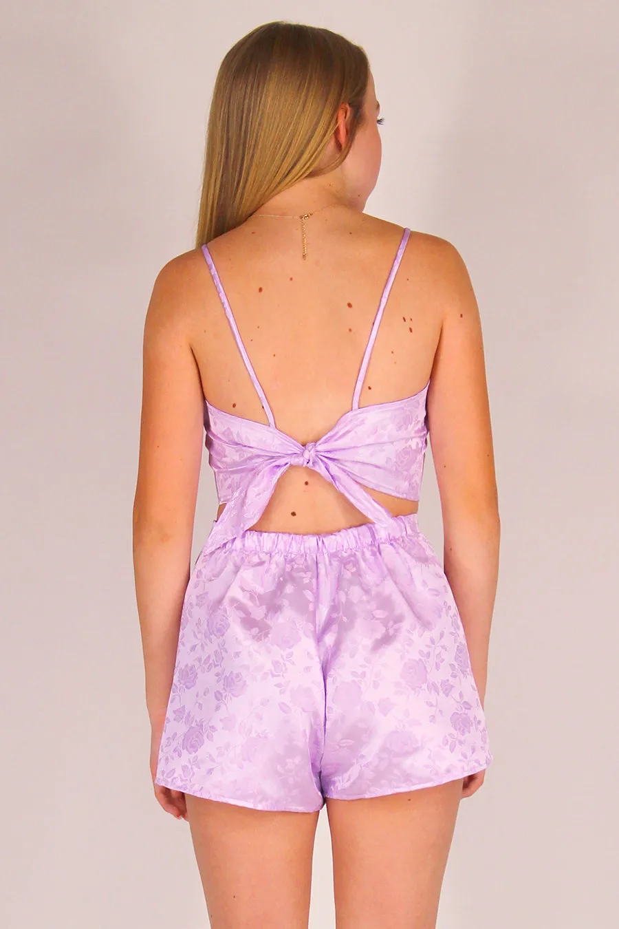 Adjustable Cami Top and Skorts - Lavender Satin with Roses