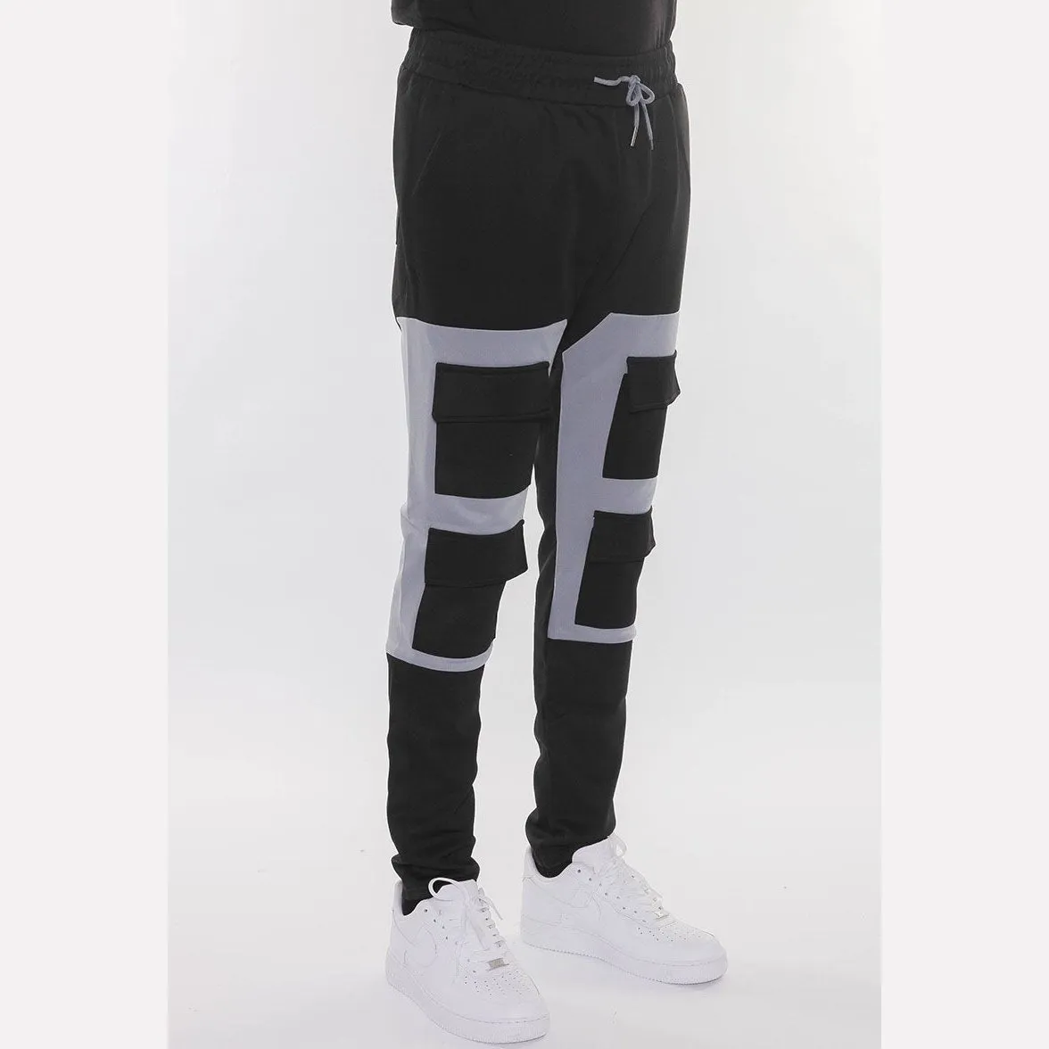 Black & Grey Color Block Cargo Track Pants