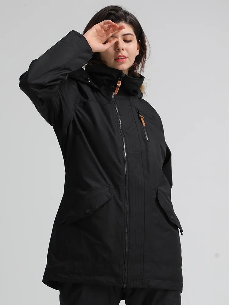 Black solid color Womens Hooded Ski Jacket Waterproof Snowboard Jacket