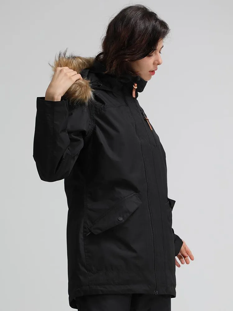 Black solid color Womens Hooded Ski Jacket Waterproof Snowboard Jacket