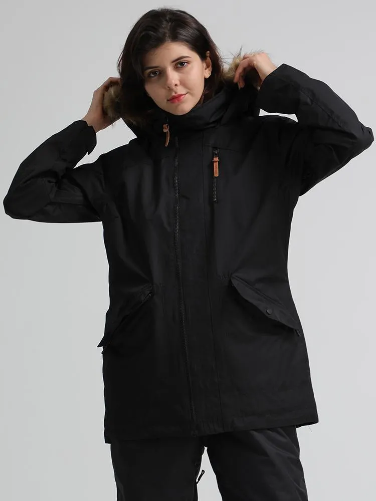 Black solid color Womens Hooded Ski Jacket Waterproof Snowboard Jacket