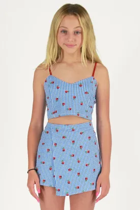 Cami Top and Skorts - Stretchy Blue Checker with Roses