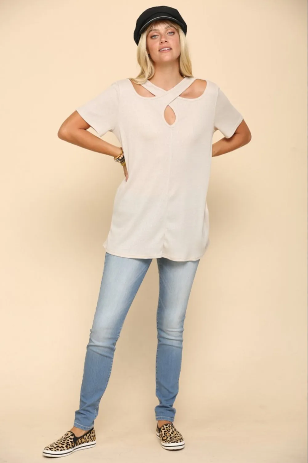 Full Size Crisscross Cutout Short Sleeve T-Shirt