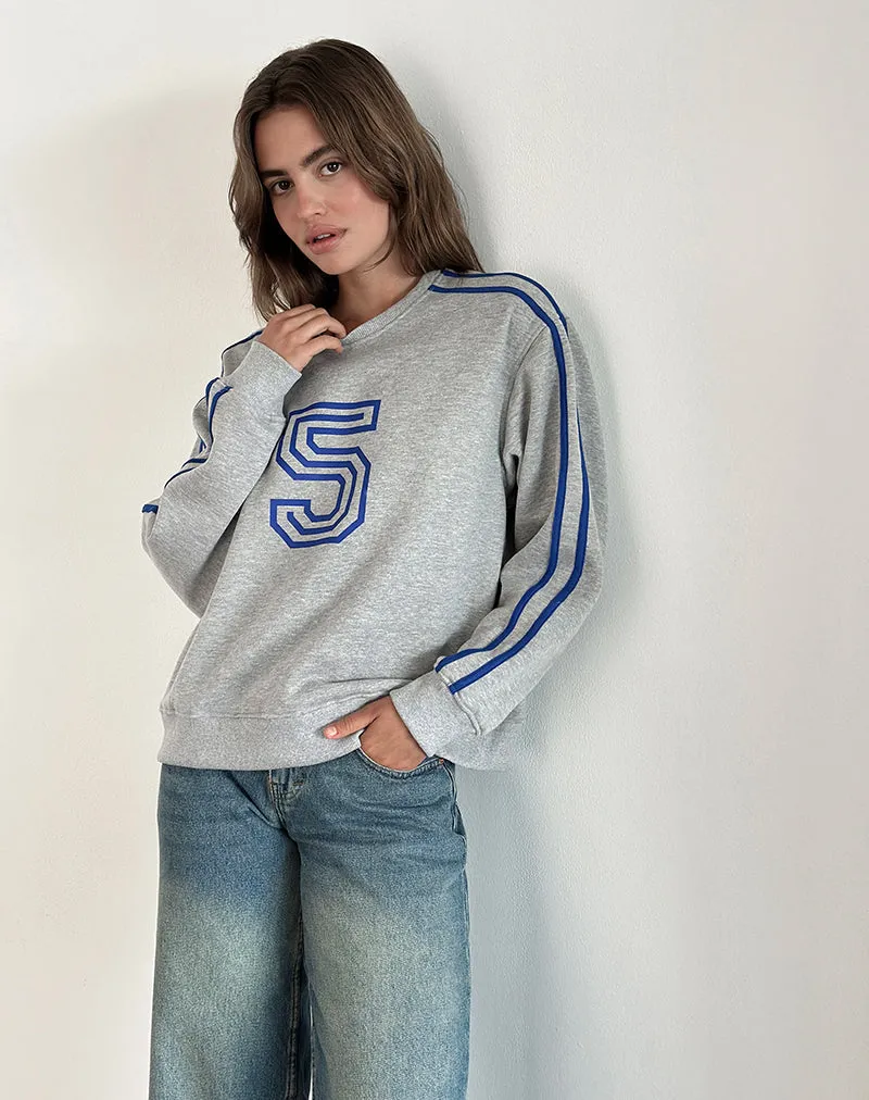 Govel Sweatshirt in Grey Marl with Cobalt Blue 5 Motif