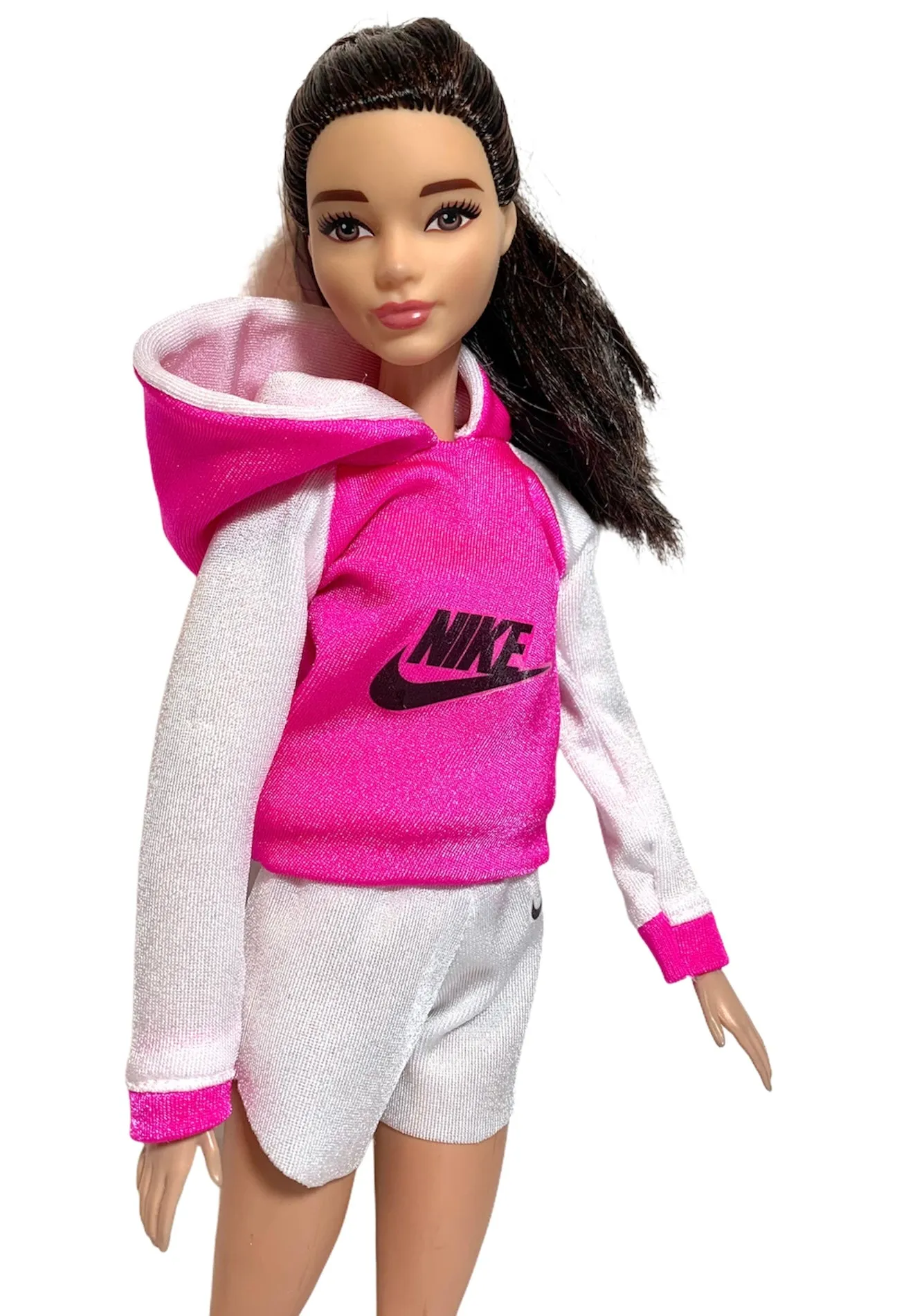 Pink Barbie doll hoodie and shorts