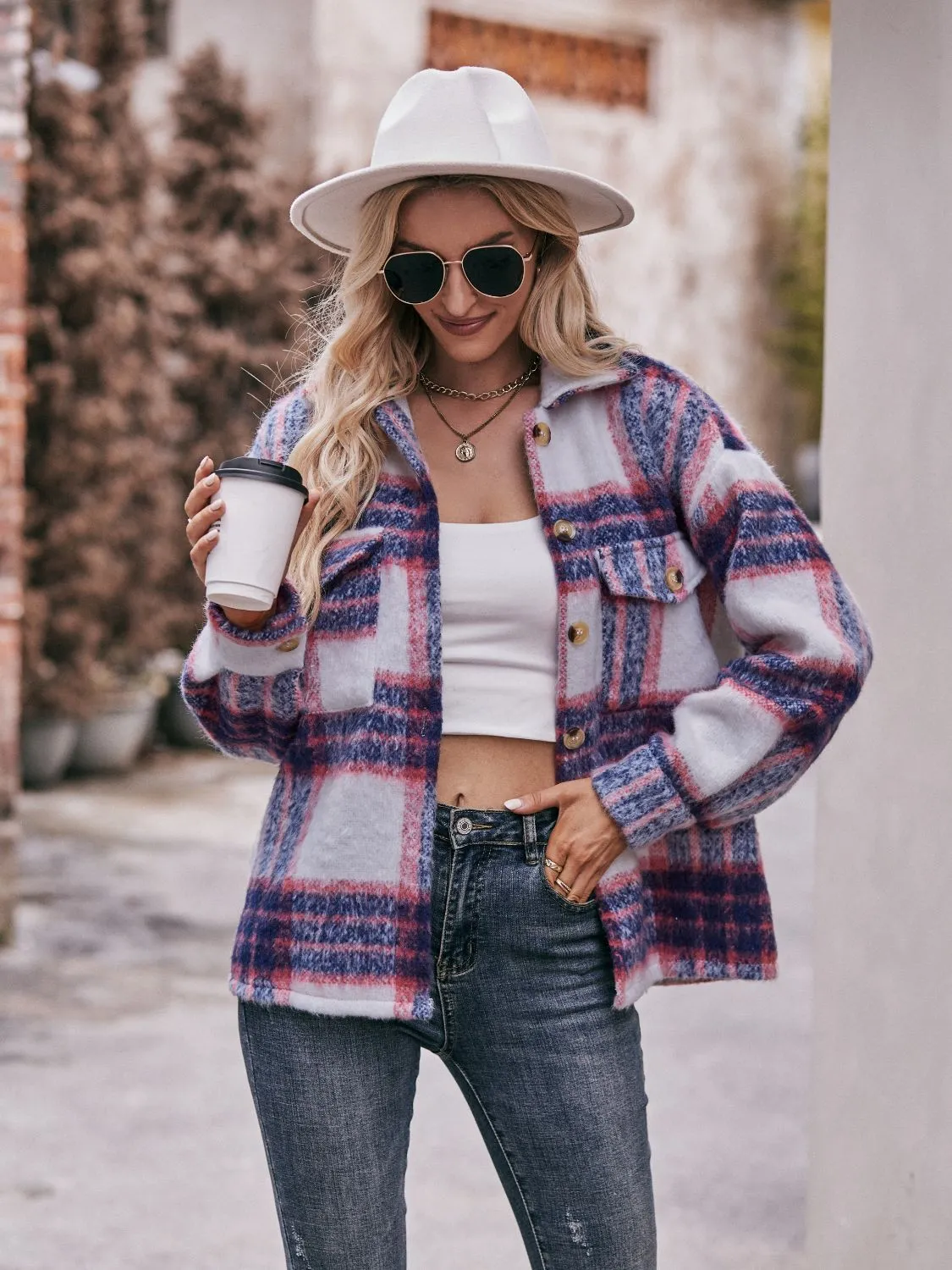 Plaid Dropped Shoulder Collared Jacket