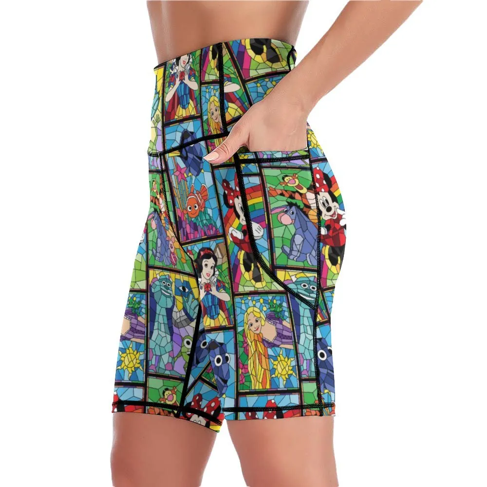 Stained Glass Characters Women's Knee Length Athletic Yoga Shorts With Pockets