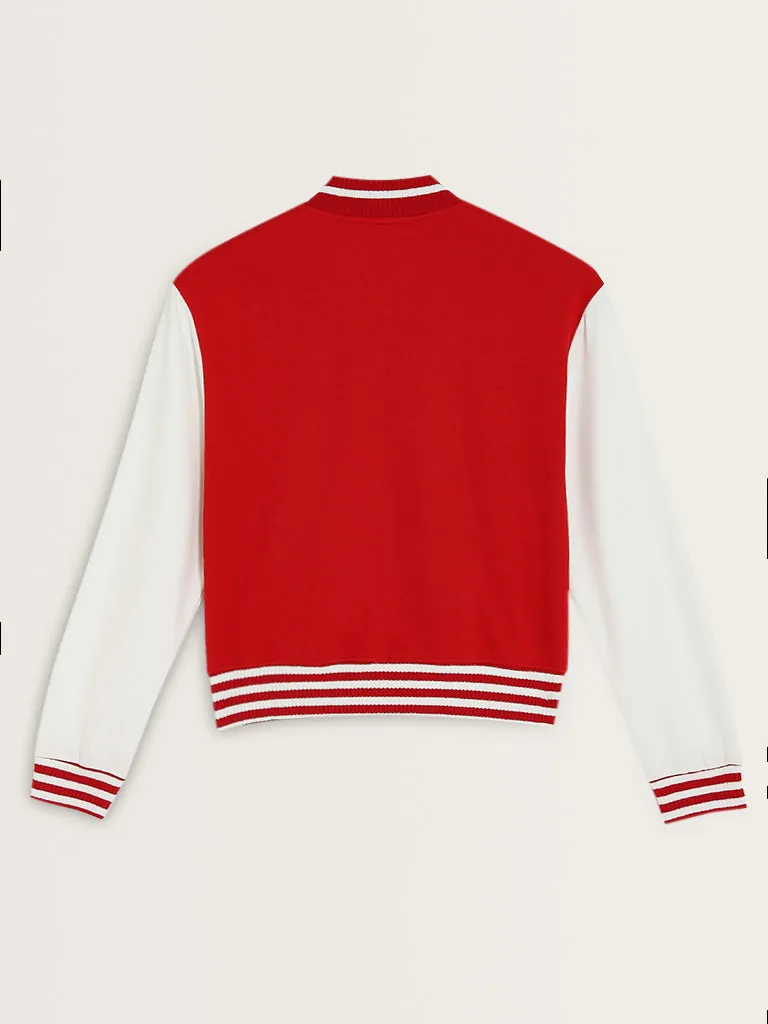 Studiofit Red Embroidered Varsity Cotton Blend Jacket