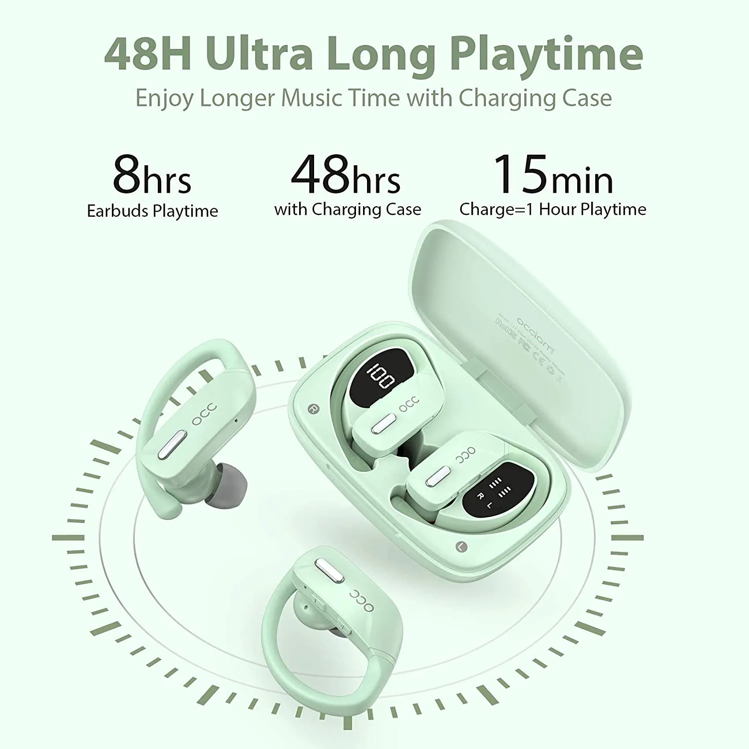 Wireless Earbuds Occiam Bluetooth Headphones 48H Play Back Earphones in Ear Waterproof with Microphone LED Display for Sports Running Workout