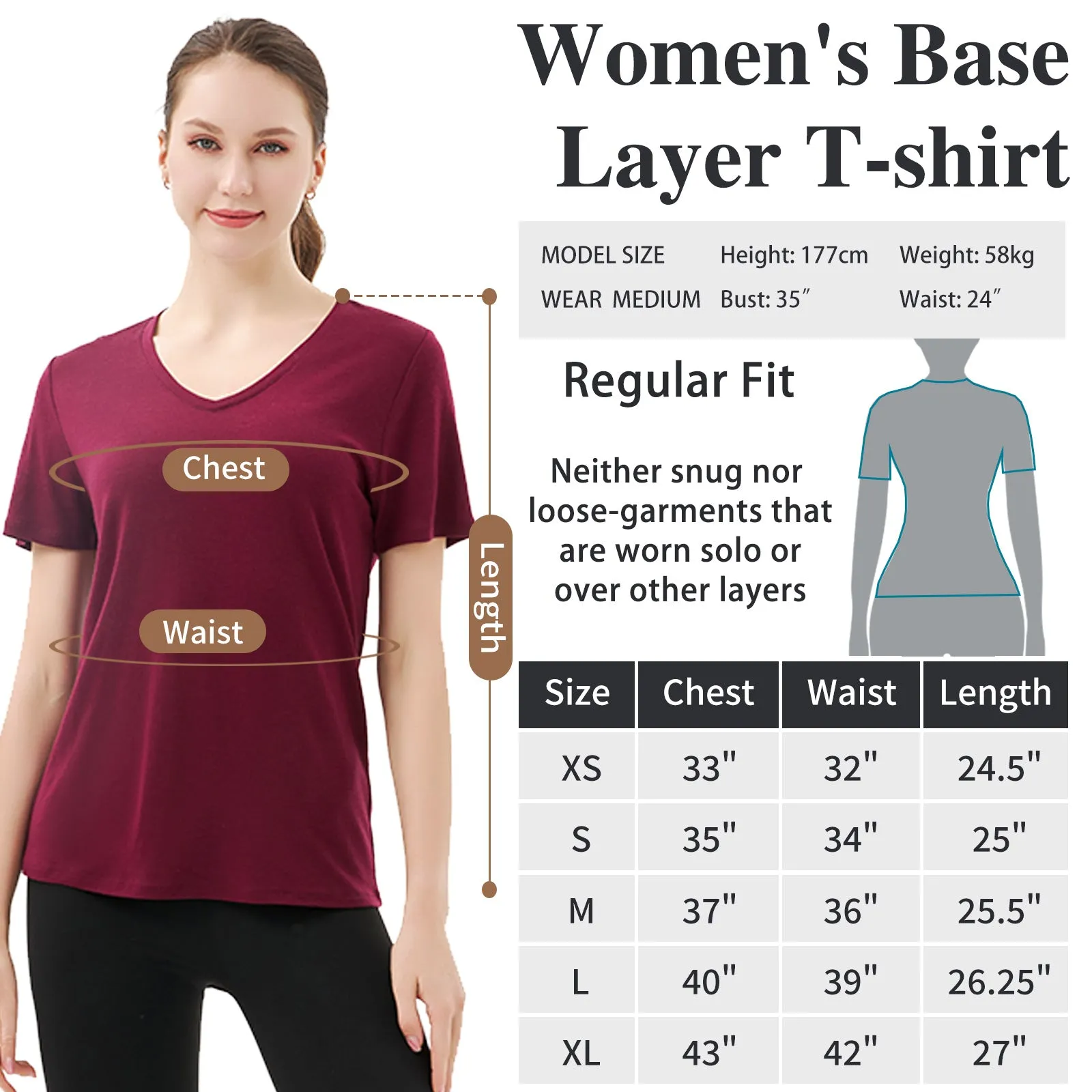 Women’s Merino 170g V-Neck  Short Sleeve T-Shirt  Dark Red