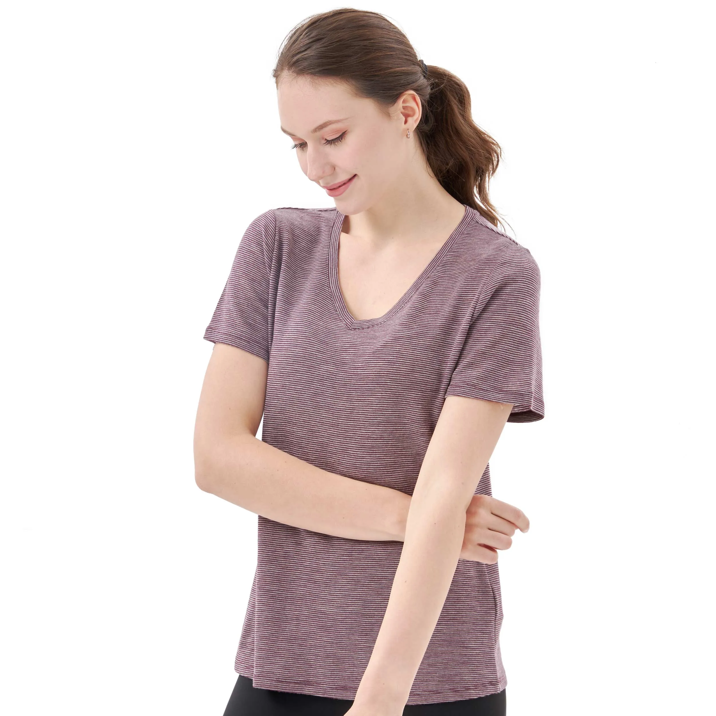 Women's Merino 200g Short Sleeve T-Shirt Fig Grey Stripes